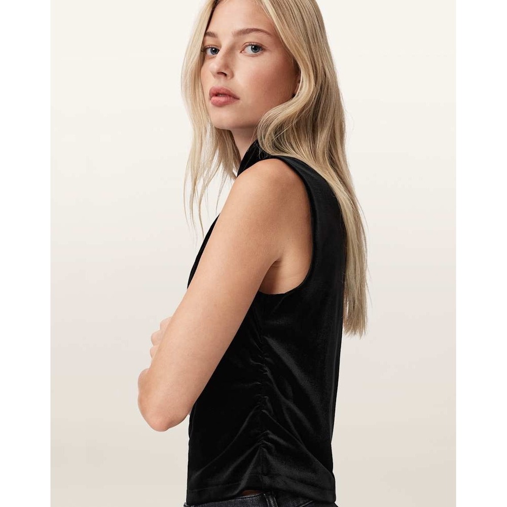 NWT All Saints Tia Velvet Sleeveless Mock Neck Top Black Size 10 Minimalist Goth - Picture 3 of 13